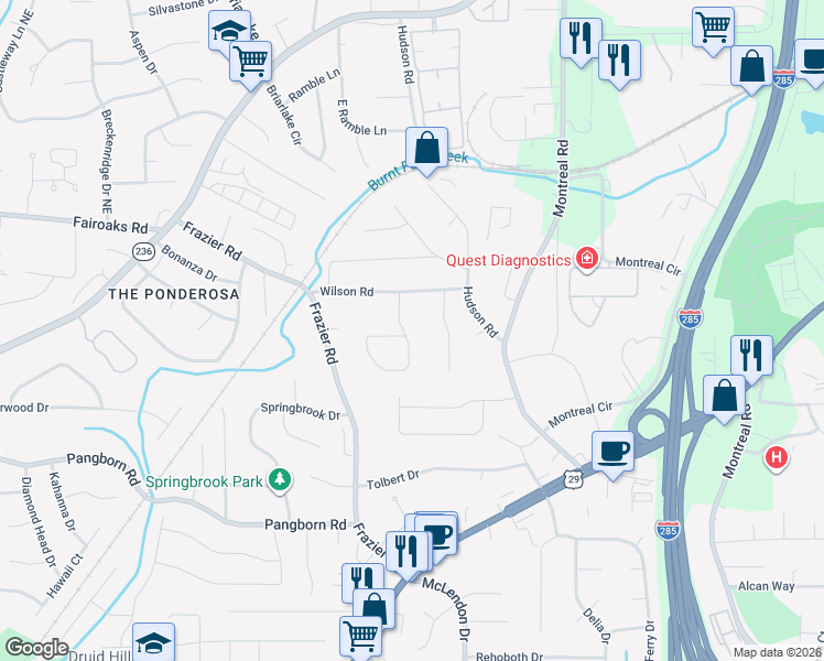 map of restaurants, bars, coffee shops, grocery stores, and more near 1663 Moncrief Circle in Decatur
