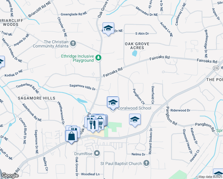 map of restaurants, bars, coffee shops, grocery stores, and more near 1676 Grove Park Way in Decatur