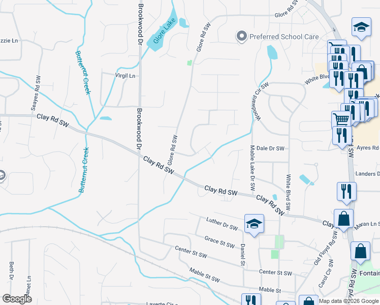 map of restaurants, bars, coffee shops, grocery stores, and more near 5215 Concord Ridge Drive Southwest in Mableton