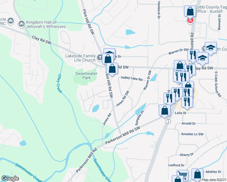 map of restaurants, bars, coffee shops, grocery stores, and more near 5058 Flint Hill Road Southwest in Austell