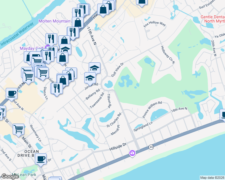 map of restaurants, bars, coffee shops, grocery stores, and more near 600 11th Avenue South in North Myrtle Beach