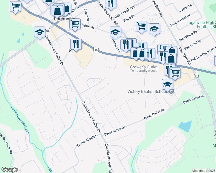 map of restaurants, bars, coffee shops, grocery stores, and more near 1250 Saint James Place in Loganville