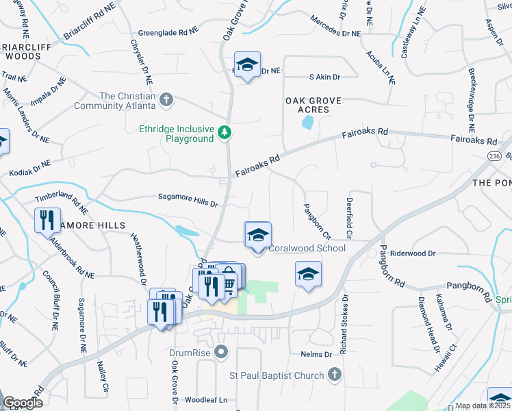 map of restaurants, bars, coffee shops, grocery stores, and more near 1676 Grove Park Way in Decatur
