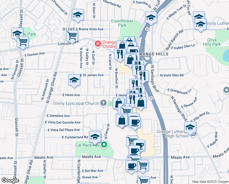map of restaurants, bars, coffee shops, grocery stores, and more near 2518 North Bourbon Street in Orange