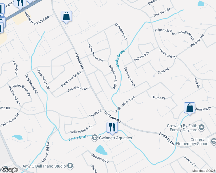 map of restaurants, bars, coffee shops, grocery stores, and more near 2675 Wildflower Lane Southwest in Snellville