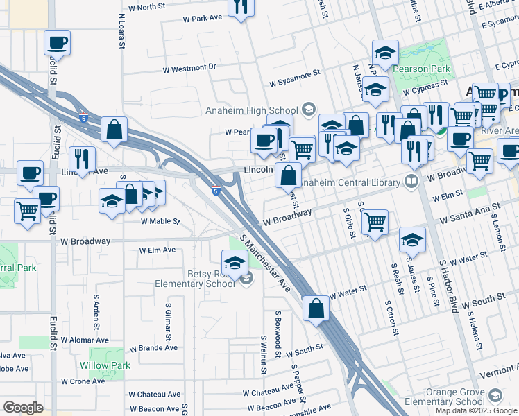 map of restaurants, bars, coffee shops, grocery stores, and more near 126 South Walnut Street in Anaheim