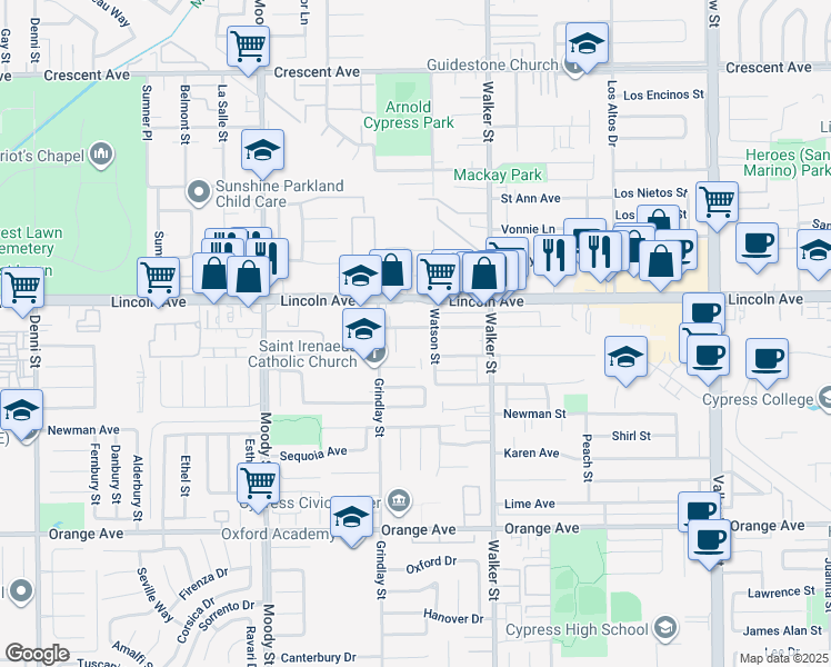 map of restaurants, bars, coffee shops, grocery stores, and more near 5312 Bishop Street in Cypress