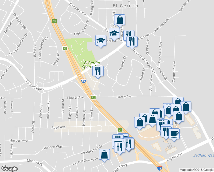 map of restaurants, bars, coffee shops, grocery stores, and more near 19870 Katy Way in Corona