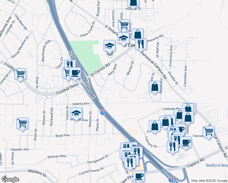 map of restaurants, bars, coffee shops, grocery stores, and more near 19870 Katy Way in Corona