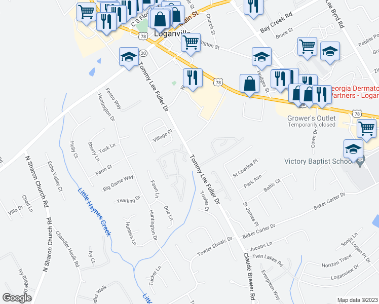 map of restaurants, bars, coffee shops, grocery stores, and more near 260 Tommy Lee Fuller Road in Loganville