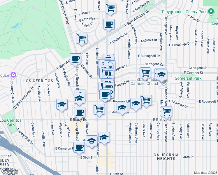map of restaurants, bars, coffee shops, grocery stores, and more near in Long Beach