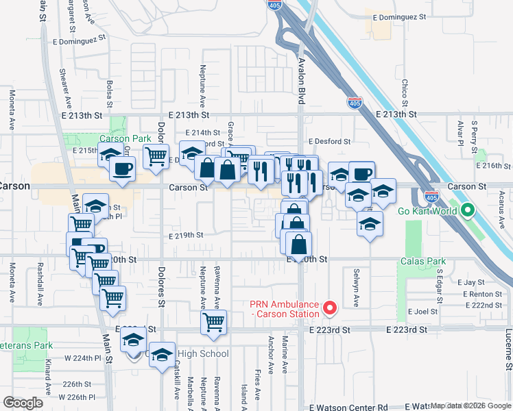 map of restaurants, bars, coffee shops, grocery stores, and more near 764 Colorado Circle in Carson