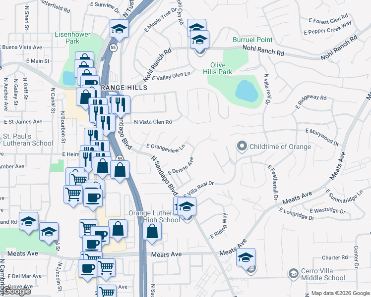 map of restaurants, bars, coffee shops, grocery stores, and more near 2412 East Orangeview Lane in Orange