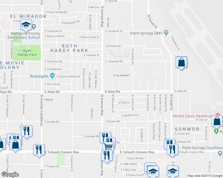 map of restaurants, bars, coffee shops, grocery stores, and more near 540 North Lujo Circle in Palm Springs