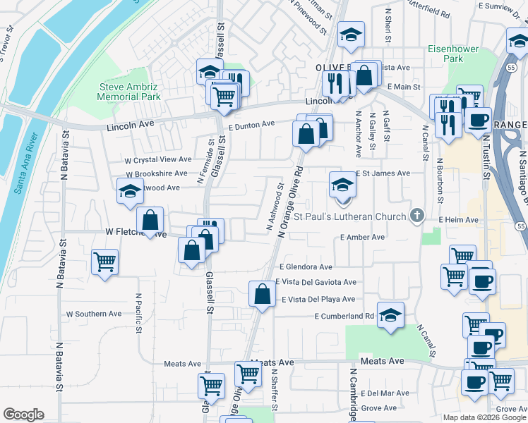 map of restaurants, bars, coffee shops, grocery stores, and more near in Orange