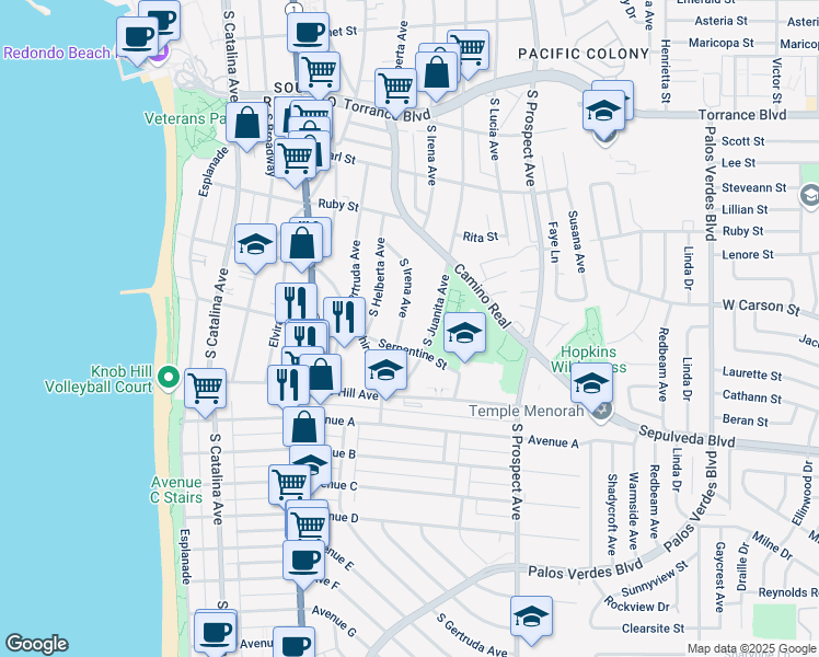 map of restaurants, bars, coffee shops, grocery stores, and more near 643 South Irena Avenue in Redondo Beach