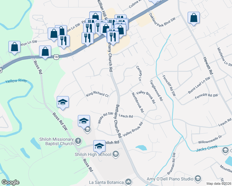 map of restaurants, bars, coffee shops, grocery stores, and more near 2331 Ciji Circle in Snellville