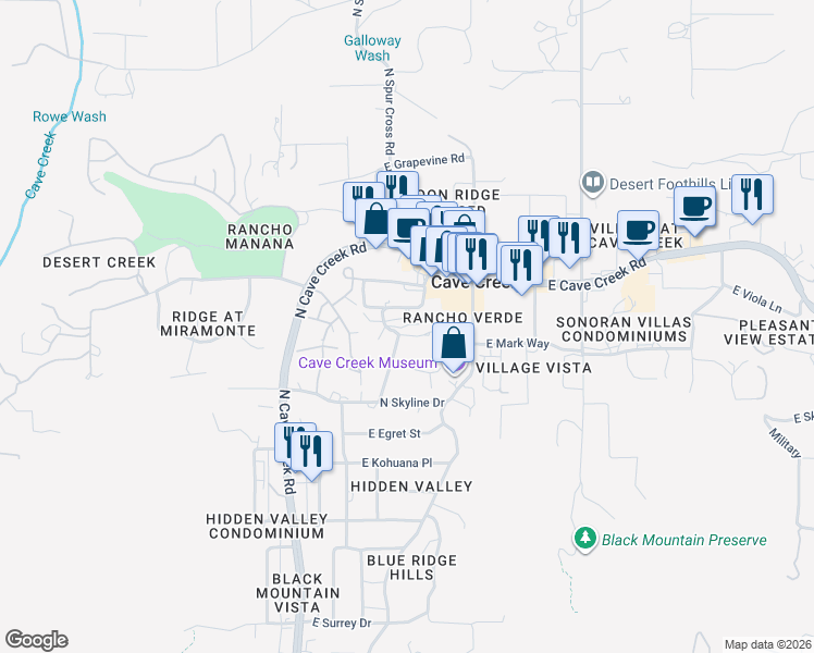 map of restaurants, bars, coffee shops, grocery stores, and more near 6051 East Hidden Valley Drive in Cave Creek
