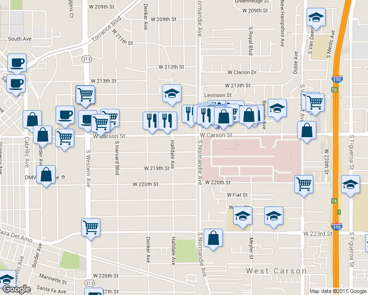 map of restaurants, bars, coffee shops, grocery stores, and more near 1326 West Carson Street in Torrance