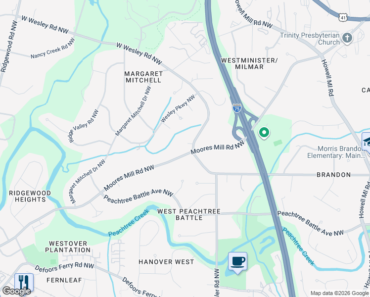 map of restaurants, bars, coffee shops, grocery stores, and more near 1360 Barron Court Northwest in Atlanta
