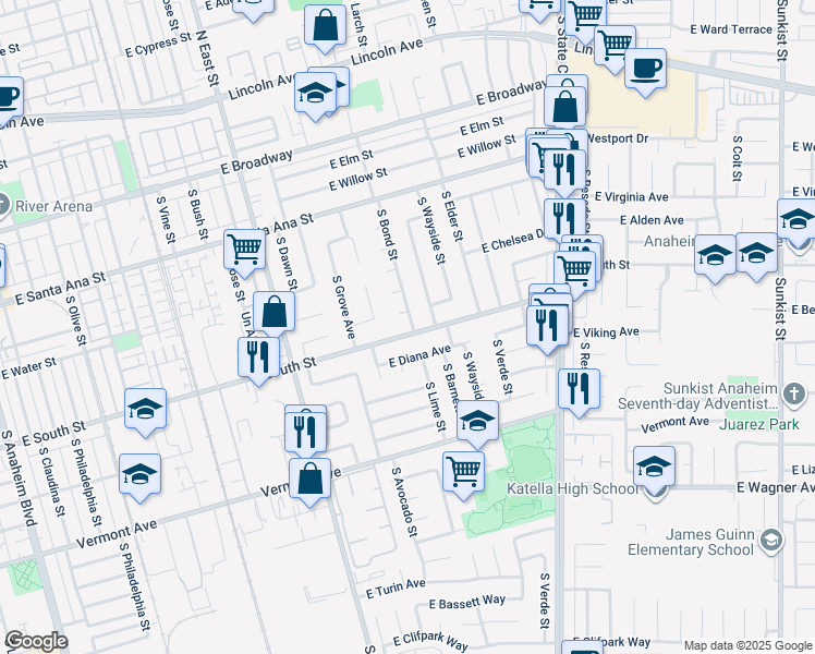 map of restaurants, bars, coffee shops, grocery stores, and more near 1415 East South Street in Anaheim