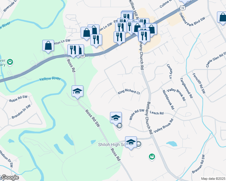 map of restaurants, bars, coffee shops, grocery stores, and more near 4327 Wellington Hills Lane in Snellville