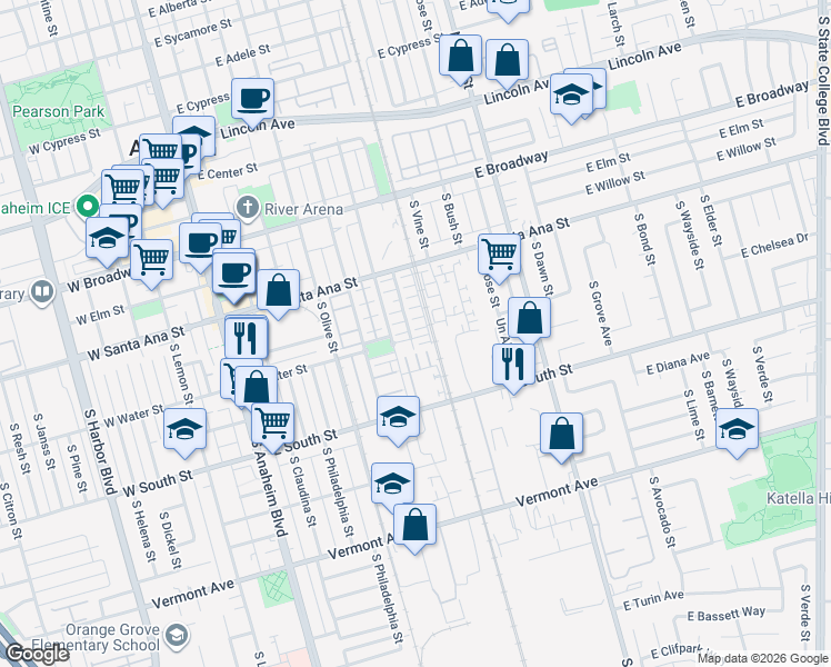 map of restaurants, bars, coffee shops, grocery stores, and more near 684 South Casita Street in Anaheim