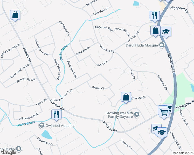 map of restaurants, bars, coffee shops, grocery stores, and more near 3500 Quail Hollow Trail in Snellville