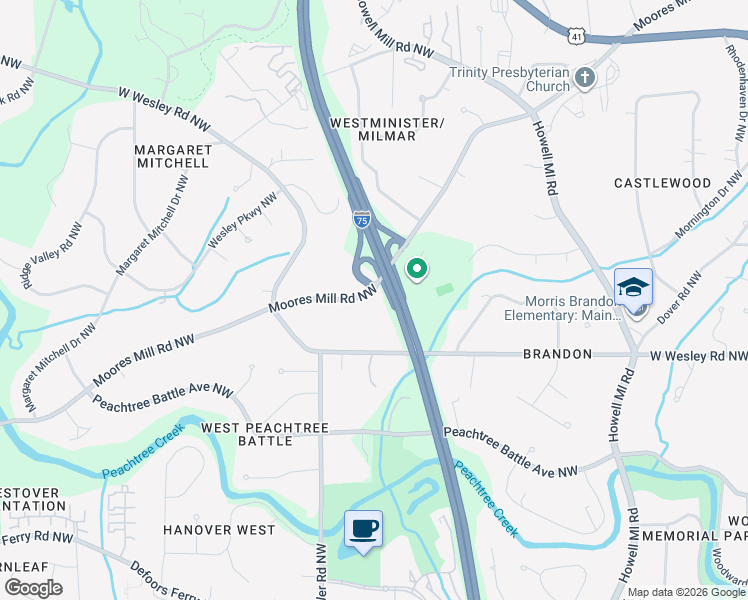 map of restaurants, bars, coffee shops, grocery stores, and more near 1219 Moores Mill Road Northwest in Atlanta