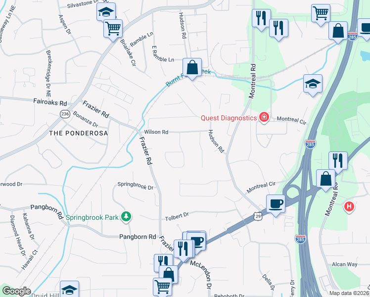map of restaurants, bars, coffee shops, grocery stores, and more near 1663 Moncrief Circle in Decatur