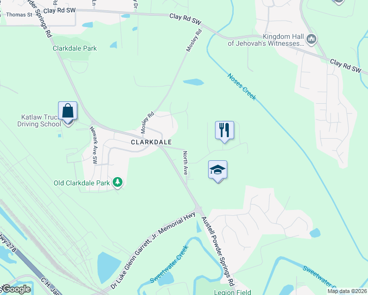 map of restaurants, bars, coffee shops, grocery stores, and more near 3230 Oak Street in Austell