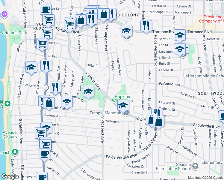 map of restaurants, bars, coffee shops, grocery stores, and more near 1104 Barbara Street in Redondo Beach