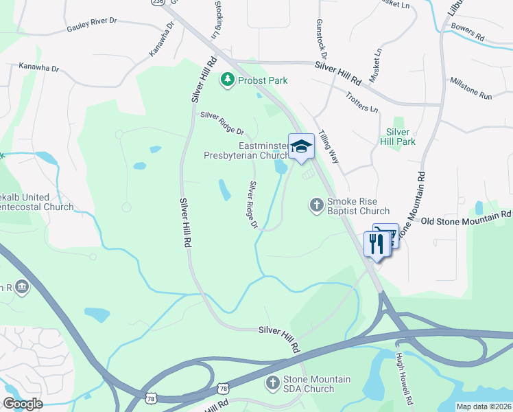 map of restaurants, bars, coffee shops, grocery stores, and more near 5664 Silver Ridge Drive in Stone Mountain
