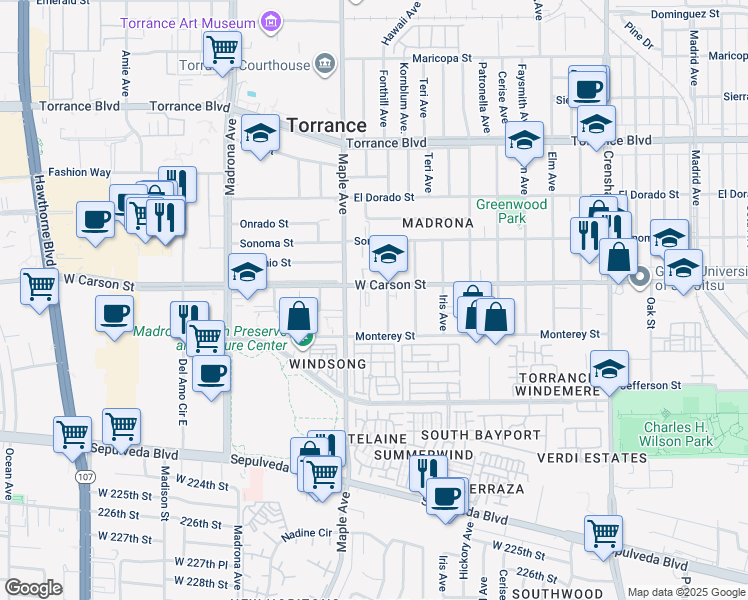 map of restaurants, bars, coffee shops, grocery stores, and more near 2900 West Carson Street in Torrance