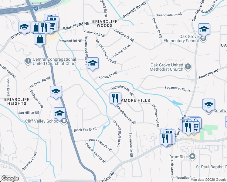 map of restaurants, bars, coffee shops, grocery stores, and more near 1756 Timberland Road Northeast in Atlanta