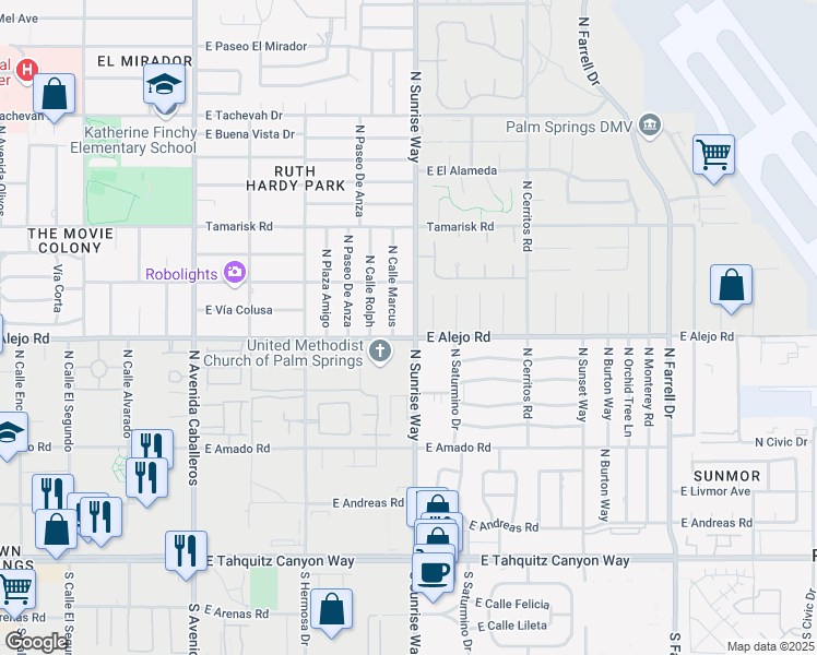 map of restaurants, bars, coffee shops, grocery stores, and more near 533 North Sunrise Way in Palm Springs