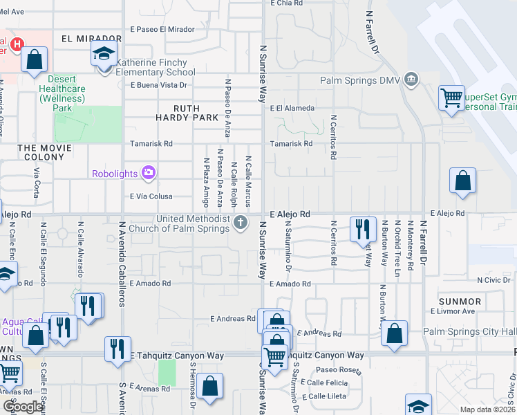 map of restaurants, bars, coffee shops, grocery stores, and more near 533 North Sunrise Way in Palm Springs
