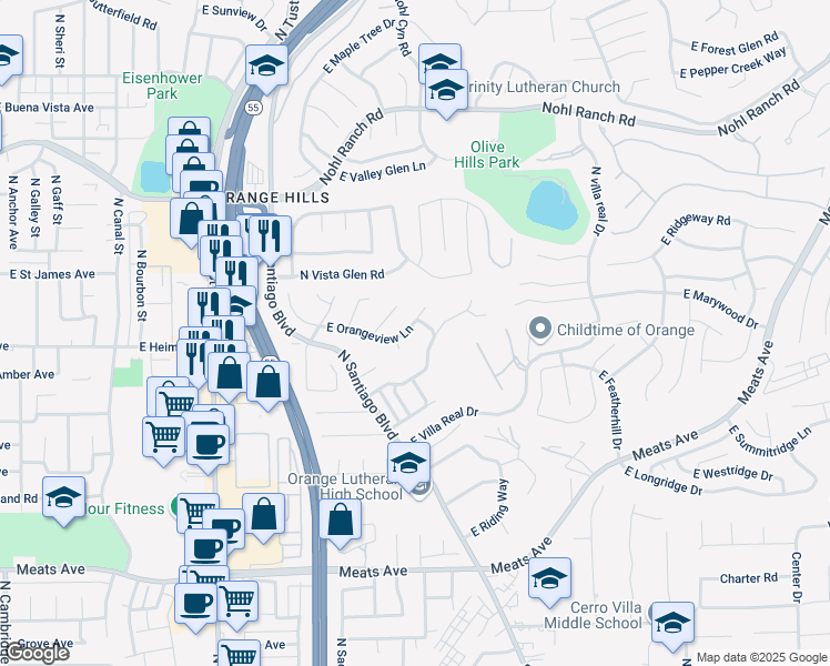 map of restaurants, bars, coffee shops, grocery stores, and more near 2412 East Orangeview Lane in Orange