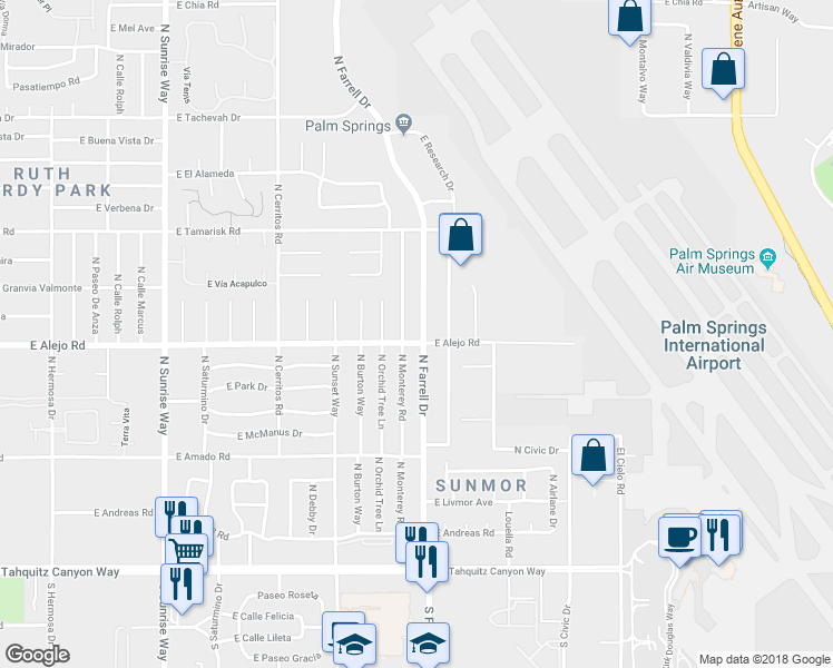 map of restaurants, bars, coffee shops, grocery stores, and more near 503 North Farrell Drive in Palm Springs