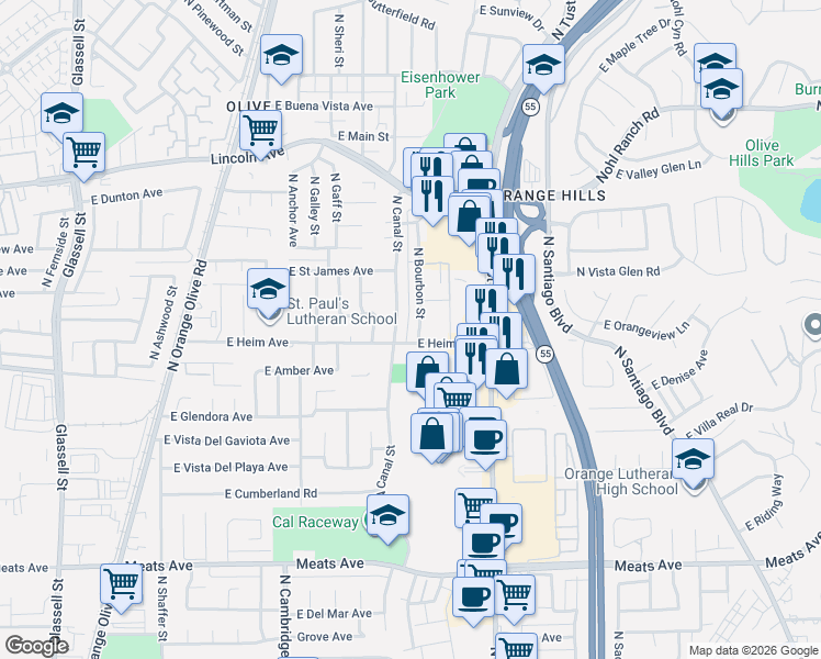 map of restaurants, bars, coffee shops, grocery stores, and more near 2524 North Bourbon Street in Orange