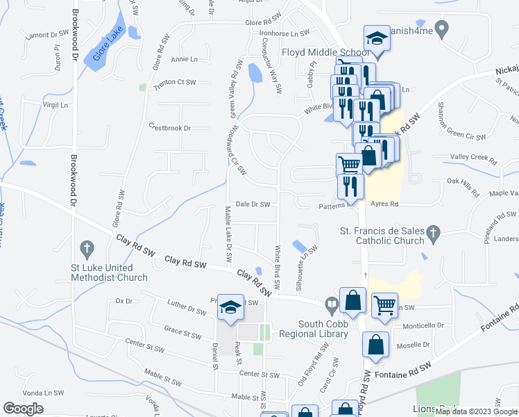 map of restaurants, bars, coffee shops, grocery stores, and more near 961 Dale Drive Southwest in Mableton