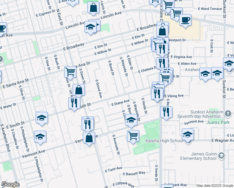 map of restaurants, bars, coffee shops, grocery stores, and more near 1415 East South Street in Anaheim