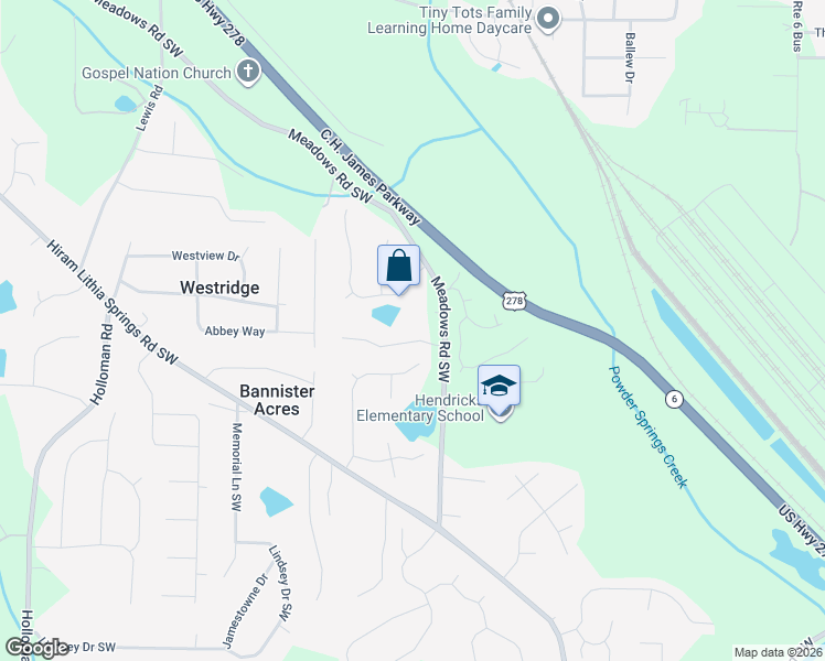 map of restaurants, bars, coffee shops, grocery stores, and more near 5098 Meadows Road Southwest in Powder Springs