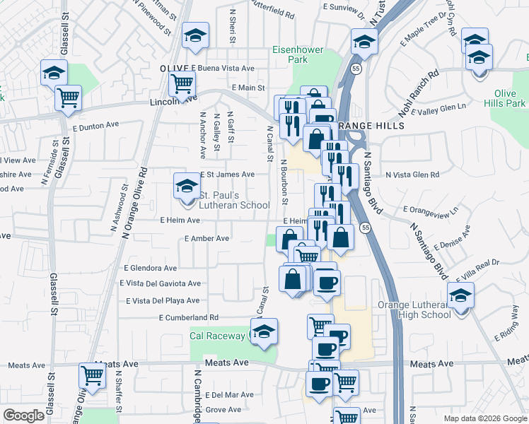 map of restaurants, bars, coffee shops, grocery stores, and more near 2522 North Canal Street in Orange