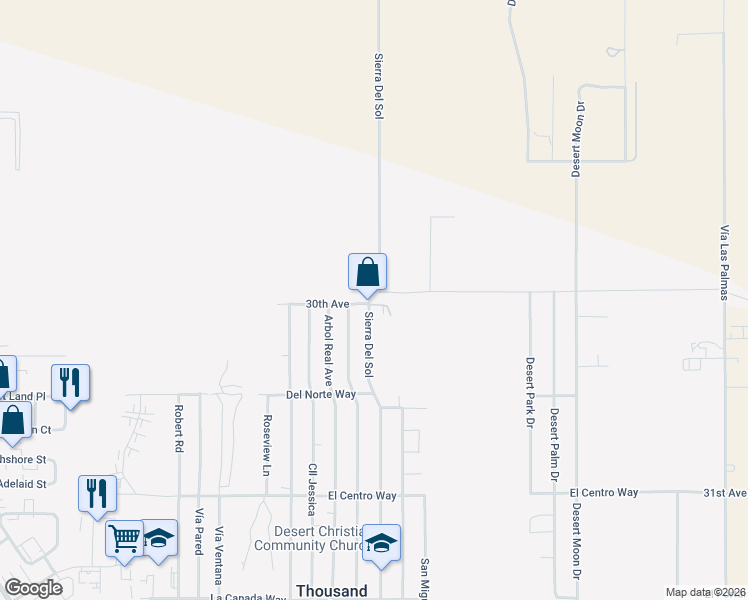 map of restaurants, bars, coffee shops, grocery stores, and more near 72998 30th Avenue in Thousand Palms