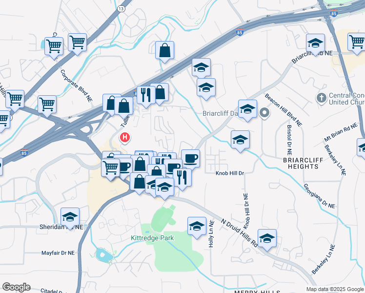 map of restaurants, bars, coffee shops, grocery stores, and more near 2307 Briarcliff Gables Circle Northeast in Atlanta