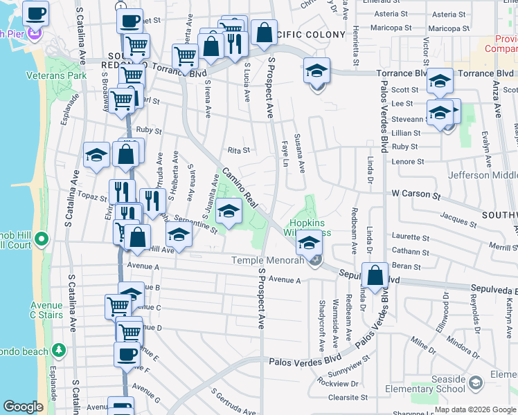 map of restaurants, bars, coffee shops, grocery stores, and more near 900 Camino Real in Redondo Beach