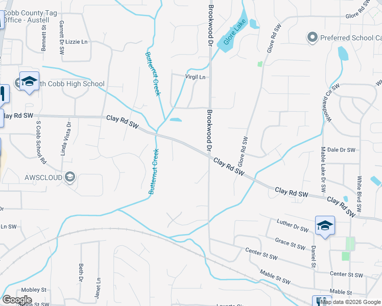 map of restaurants, bars, coffee shops, grocery stores, and more near 1397 Clay Road Southwest in Mableton