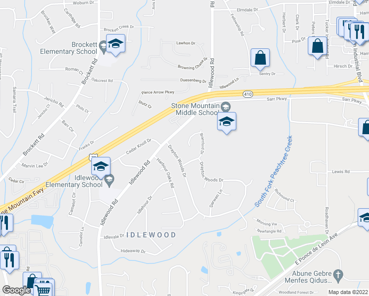 map of restaurants, bars, coffee shops, grocery stores, and more near 1652 Weymouth Court in Tucker