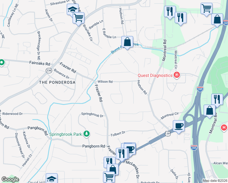 map of restaurants, bars, coffee shops, grocery stores, and more near 1535 Moncrief Circle in Decatur